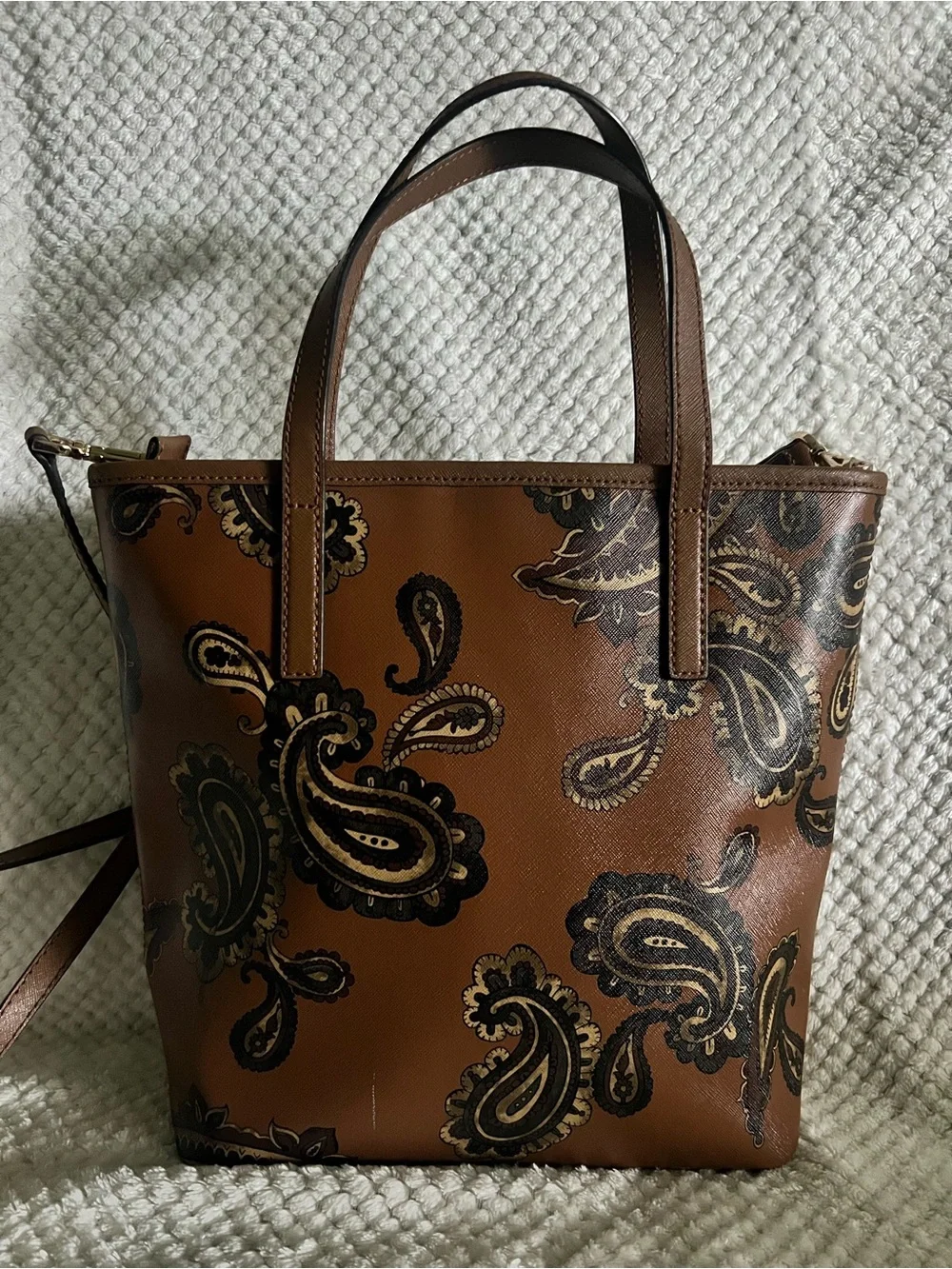 Michael Kors Brown Paisley-Print Tote with Gold Plaque